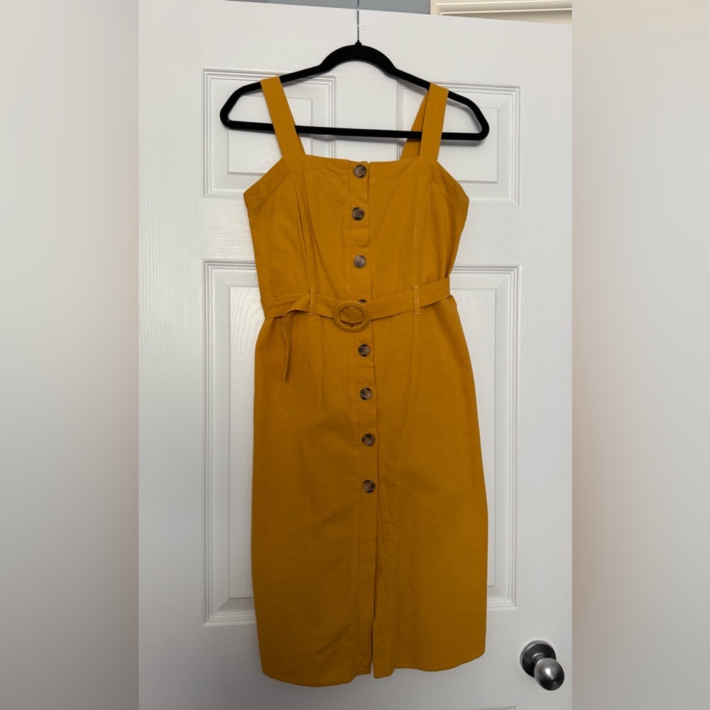 URBAN ROMANTICS Mustard Button-Front Midi Dress with Belt | 100% Cotton